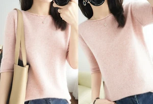 Mujeres Tejido Manga Corta Algodón Pullover Ajustado Suéter Prenda para el torso Cuello Redondo - Imagen 1 de 3
