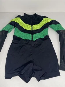 Weissman Girls Large Black Green Sequin Dance Costume One piece Romper Mm57 - Picture 1 of 19