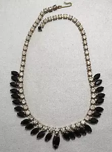 Vintage Strass Halskette schwarz Marquise & klare runde Steine silberfarben Metall - Bild 1 von 8