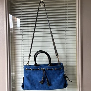 Dooney & Bourke Cobalt Blue Tassel Canvas Shoulder Purse Monogram Rare Color - Picture 1 of 17