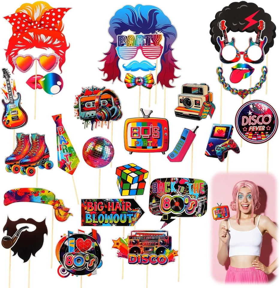 29 piezas accesorios para fotomatón, decoraciones de fiesta de los años 80, accesorios para fotomatón discoteca con 30P Foto 1 de 4