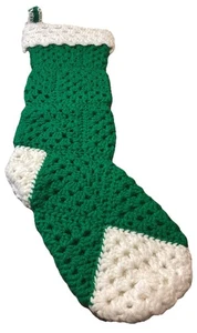 Vintage Hand Crocheted Christmas Stocking Green With White - Picture 1 of 4