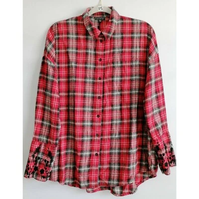 Camisa Topshop Mujer Botón Frontal Roja Cuadros Manga Larga Bolsillo Bordado 2 Foto 1 de 4