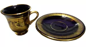 I.SPYROPOULOS HAND MADE COBALT 24k GOLD GREEK KEY DEMITASSE TEACUP & SAUCER - Picture 1 of 11
