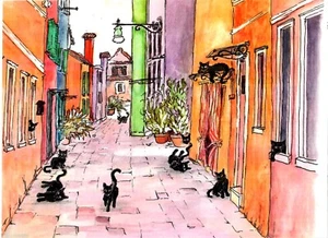 Katzen in europäischer Gasse, Katze Kunstdrucke, Katzendeko, Europäische Gassenkunst, Katzen - DS - Bild 1 von 2