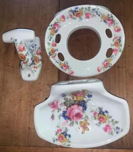 VTG Italy Porcelain 3pc Bathroom Wall Fixtures Soap Dish Toothbrush Holder Hook - Picture 1 of 15