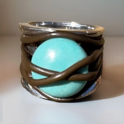 ANEL DESIGNER HUGO BOSS PRATA ESTERLINA TURQUESA ASSINADO BOSS 925 TAMANHO 7 - Imagem 1 de 4
