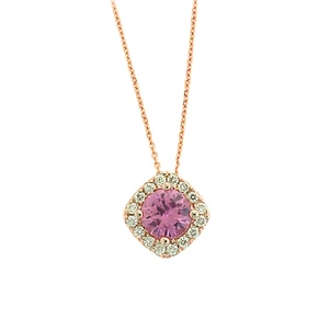 14K Rose Gold .58 TCW Natural Round Pink Sapphire and White Diamond Pendant - Picture 1 of 3