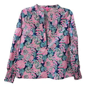 Lilly Pulitzer Shirt Top Small Split Neck Popover Rosa Print Gesmoktes Bündchen Leinen - Bild 1 von 8