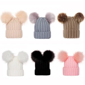 New Baby Double Fur Pure Pom Pom Winter Hat Girl Boy Hats Balls Beanie Warm Cap - Picture 1 of 18