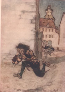 Arthur Rackham 1909 Tipped-In Print Thief Runs Man Schnitzmesser Brüder Grimm - Bild 1 von 4