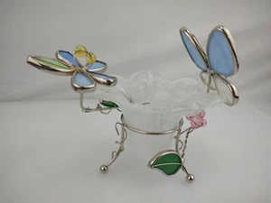 Stained Glass Butterfly & Flower Tealight Candle Holder Scrolling Silver Metal - Picture 1 of 12