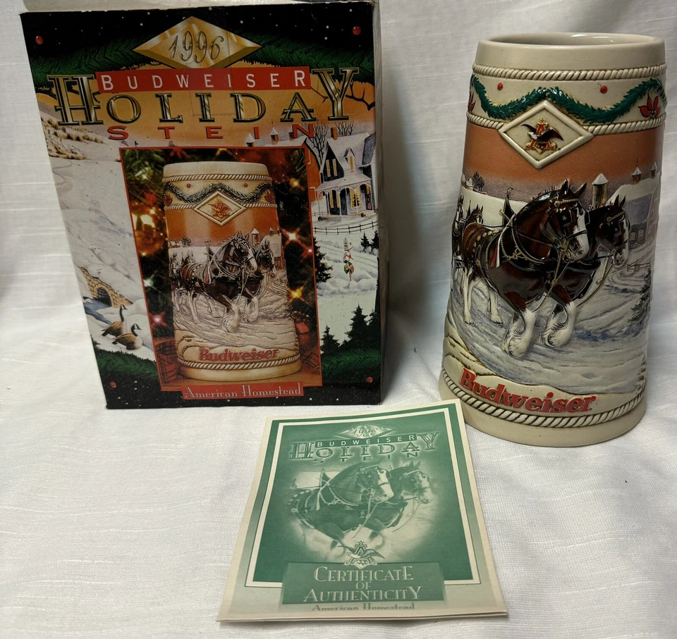 1996 Budweiser Holiday Stein American Homestead Breweriana Collectible Stien