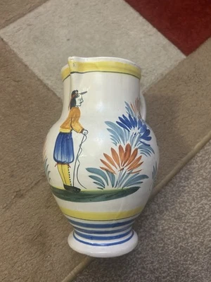 Herriot Quimper Jug Person And Flowers France 82 Slight Damage On Handle - Image 1 of 4