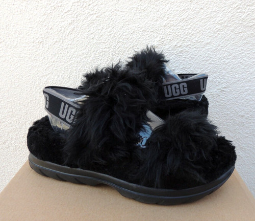 UGG SANDALI SLIDE CIABATTE PELLICCIA SINTETICA ZUCCHERO NERO FLUFF DONNA US 12 EUR 43 ~NUOVI CON SCATOLA