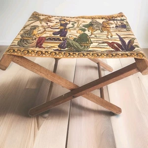 Vintage Folding Wooden Foot Stool w/ Boho  Tapestry Seat Mid Century Middle East - Picture 1 of 6