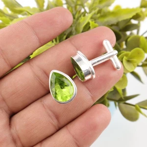 Green Peridot Gemstone 925 Sterling Silver Men's Cufflinks Jewelry Gift For Her - Picture 1 of 3