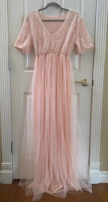 Pink Blush Maternity Maxi Dress Long Gown Sequins Tulle V Neck Fairy Special - Image 1 of 4