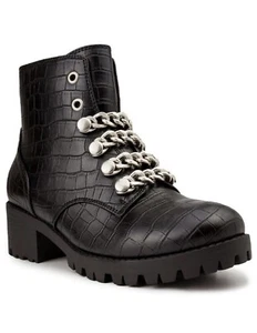 SUGAR Women's Obvi Faux Leather Chain Combat & Lace-Up Boots Black Croco Size 8 - Picture 1 of 10