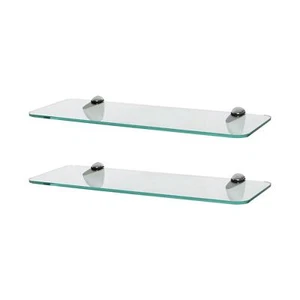 2x Rounded Floating Glass Bathroom Shelves 40cm Clear/Chrome Shower Storage Rack - Picture 1 of 7