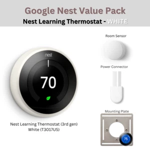 WHITE Pack: Nest Learning Thermostat 3rd gen + 1x Room Sensor + Power Connector - Picture 1 of 6