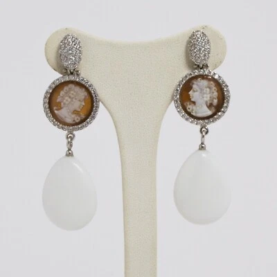 ORECCHINI IN ARGENTO 925 CON ZIRCONI PENDOLI AGATA BIANCA E CAMMEI AGHT 0713 - Immagine 1 di 3