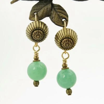 Jan Michaels Corrugated Top Earrings in Green Aventurine Handmade in USA - Image 1 of 4