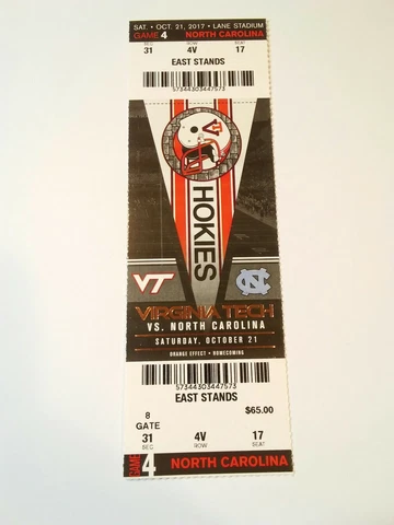 2017 North Carolina Tar Heels Virginia Tech Hokies Football Ticket Stub Cover