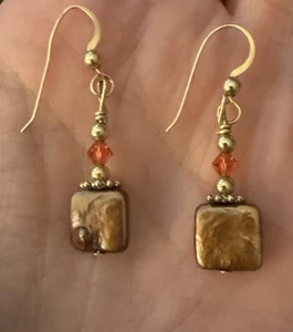 14K Solid Yellow Gold Akoya Gray White Pearl Dangle Drop Earrings Lady's 1 1/4" - Picture 1 of 5