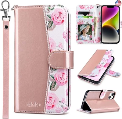 ULAK Compatible with iPhone 14 Wallet Case for Women, PU Leather Floral Flip - Image 1 of 4