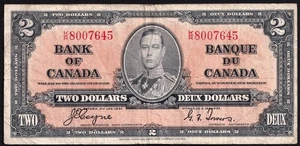 Canada 1937 $2 Two Dollar Banknote Coyne - Towers K/R 8007645 - Picture 1 of 2