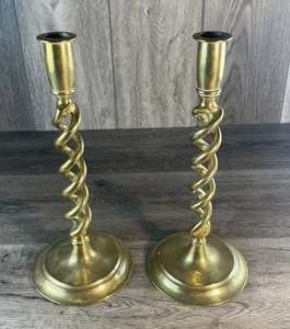 Pair Of English Brass Open Barley Twist Candlesticks 12” Tall - Picture 1 of 5