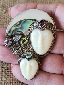 Sajen Sterling Silver Pendant Carved Faces Pin Taken Off 2.32" Beautiful - Picture 1 of 7