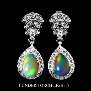 925 Orecchini Argento Sterling Pera Opale di Fuoco 7x5mm Finto Cz Gemma Gioiello - Foto 1 di 10