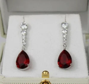 925 Sterling Silver Red Ruby Engagement Earring, Wedding Earring 2 - Picture 1 of 3