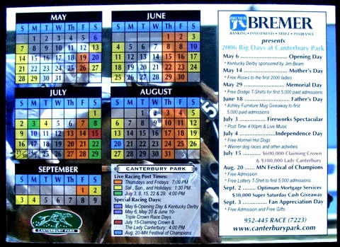 2006 CANTERBURY PARK 5x7" REFRIGERATOR SCHEDULE MAGNET Cover