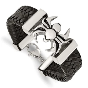 Stainless Steel Antiqued and Polished Spider Black Braided Leather Bracelet 8.5" - Picture 1 of 5