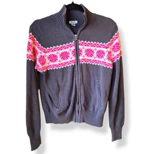 Izod Girl's Fair Isle Sweater Jacket Size L 10/12 Youth Gray Pink Mock Neck Zip - Picture 1 of 8