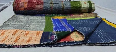 Indian Handmade Patchwork Queen Size Silk Kantha Quilt Throw Blanket Bedspread - Image 1 of 4