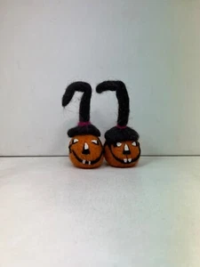 Set of 2 Handmade Felted Jack-O'-Lanterns | Vintage Halloween Decor | 6" Tall - Picture 1 of 8