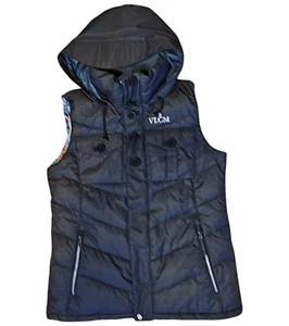Volcom Down Puffer Vest Women's Large Hooded Sleeveless Printed Lining Black - Picture 1 of 11