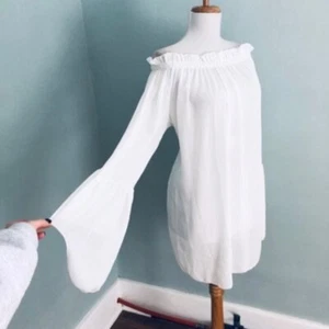 Vintage White Bell Sleeve Sheer Slip Dress Off Shoulder Hippie Medium - Picture 1 of 6