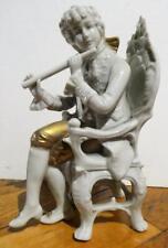 Vintage Germany White Bisque Gentleman In Chair W/Gold Pants Playing Flute #1198