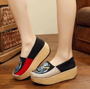 Mujeres Lona Tacón Alto Cuña Plataforma Sin Cordones Mocasines Informales Zapatos Creepers Nuevo - Imagen 1 de 10
