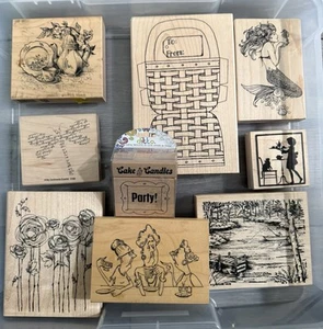 Various Rubber Stamps Lot of 9 - Cabin, Teapots,Riverside, Mermaid,flowers - Picture 1 of 21
