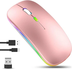 GLOBAL TECH Wireless Bluetooth Mouse, Rechargeable LED Slim Silent Mouse Pink - Picture 1 of 8