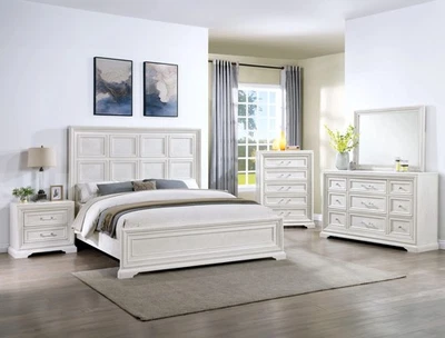 NUEVO Juego de muebles de granja de dormitorio rústico blanco moderno Queen King de 5 piezas cama/D/M/N Foto 1 de 4