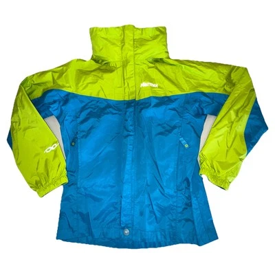 MARMOT GIRLS Small FULL ZIP WIND JACKET WITH HOOD- TEAL & LIME GREEN - Image 1 of 4
