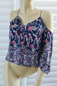 🗡️SIZE XS JAY JAYS BLUE PURPLE PRINTED LONG SLEEVE COLD SHOULDER VISCOSE BLOUSE - Picture 1 of 6