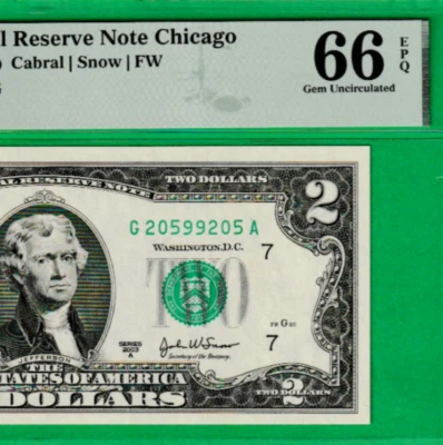 $2  TWO DOLLAR Federal Reserve Note BOOKEND Serial Number  2059- 9205  PMG 66 - Image 1 of 3